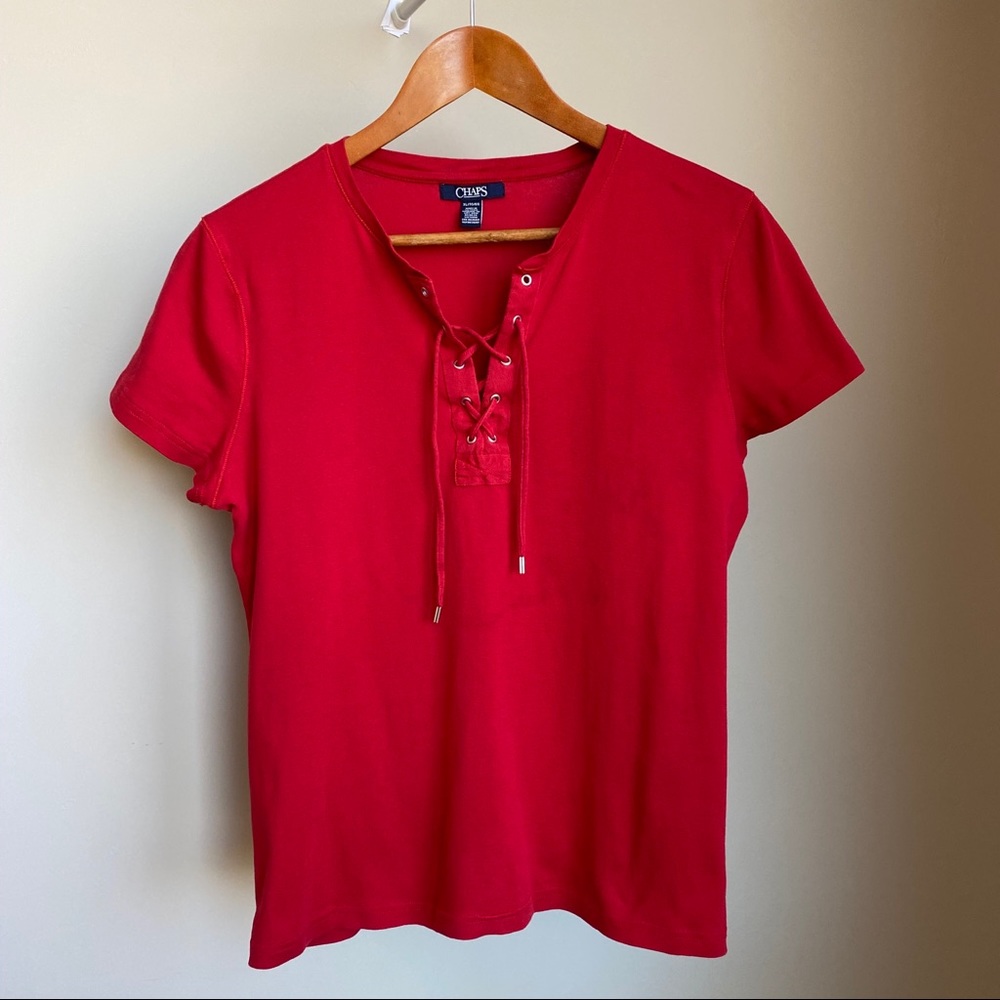 Chaps 💥Red💥 Lace Up Neck T-Shirt 💯% Cotton EUC